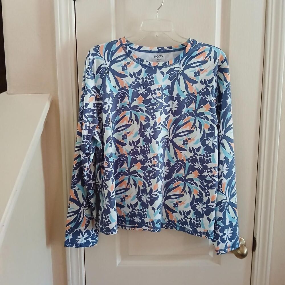 Roxy Sea Skippin Long-Sleeve UPF 50 Rash Guard Tropical Blue Floral XXL Beach